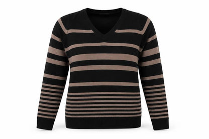 Marks and Spencer Women Black Brown UK 12 V-Neck Striped Knit Jumper