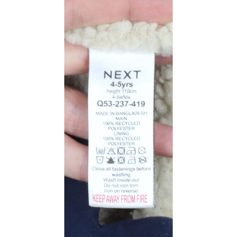 Next Boys Navy 4-5 Years Hooded Parka Coat Fleece Lined Zip