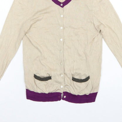 Hobbs Women Beige Silk Cotton UK 12 V-Neck Button Cardigan
