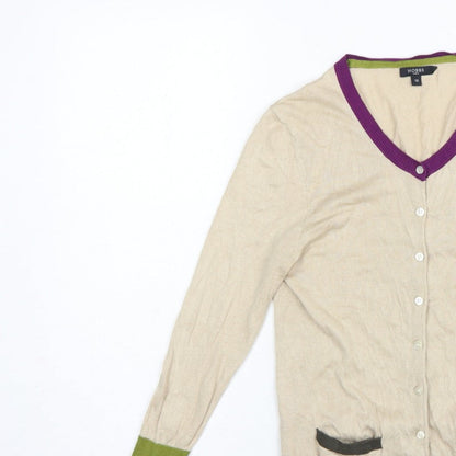 Hobbs Women Beige Silk Cotton UK 12 V-Neck Button Cardigan