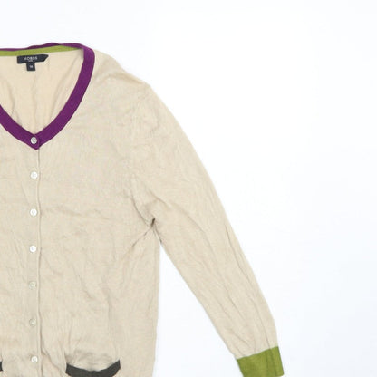 Hobbs Women Beige Silk Cotton UK 12 V-Neck Button Cardigan
