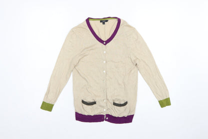 Hobbs Women Beige Silk Cotton UK 12 V-Neck Button Cardigan