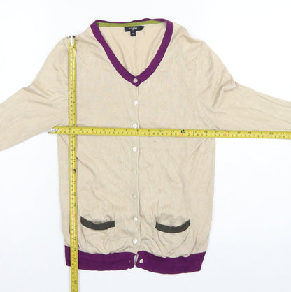 Hobbs Women Beige Silk Cotton UK 12 V-Neck Button Cardigan