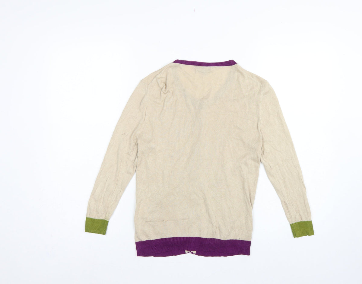 Hobbs Women Beige Silk Cotton UK 12 V-Neck Button Cardigan