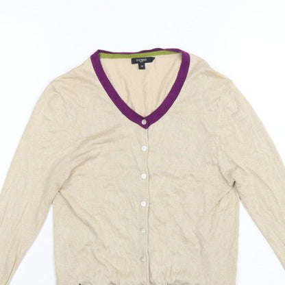 Hobbs Women Beige Silk Cotton UK 12 V-Neck Button Cardigan