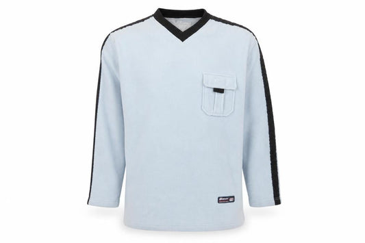 Front view of Watsons men’s blue m v-neck pullover fleece sweatshirt pocket