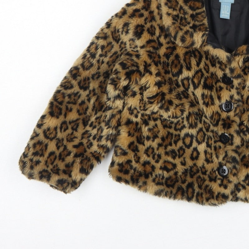 Baby Gap Girls Brown Leopard Faux Fur Coat UK 4 Years Button Lined