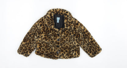 Baby Gap Girls Brown Leopard Faux Fur Coat UK 4 Years Button Lined