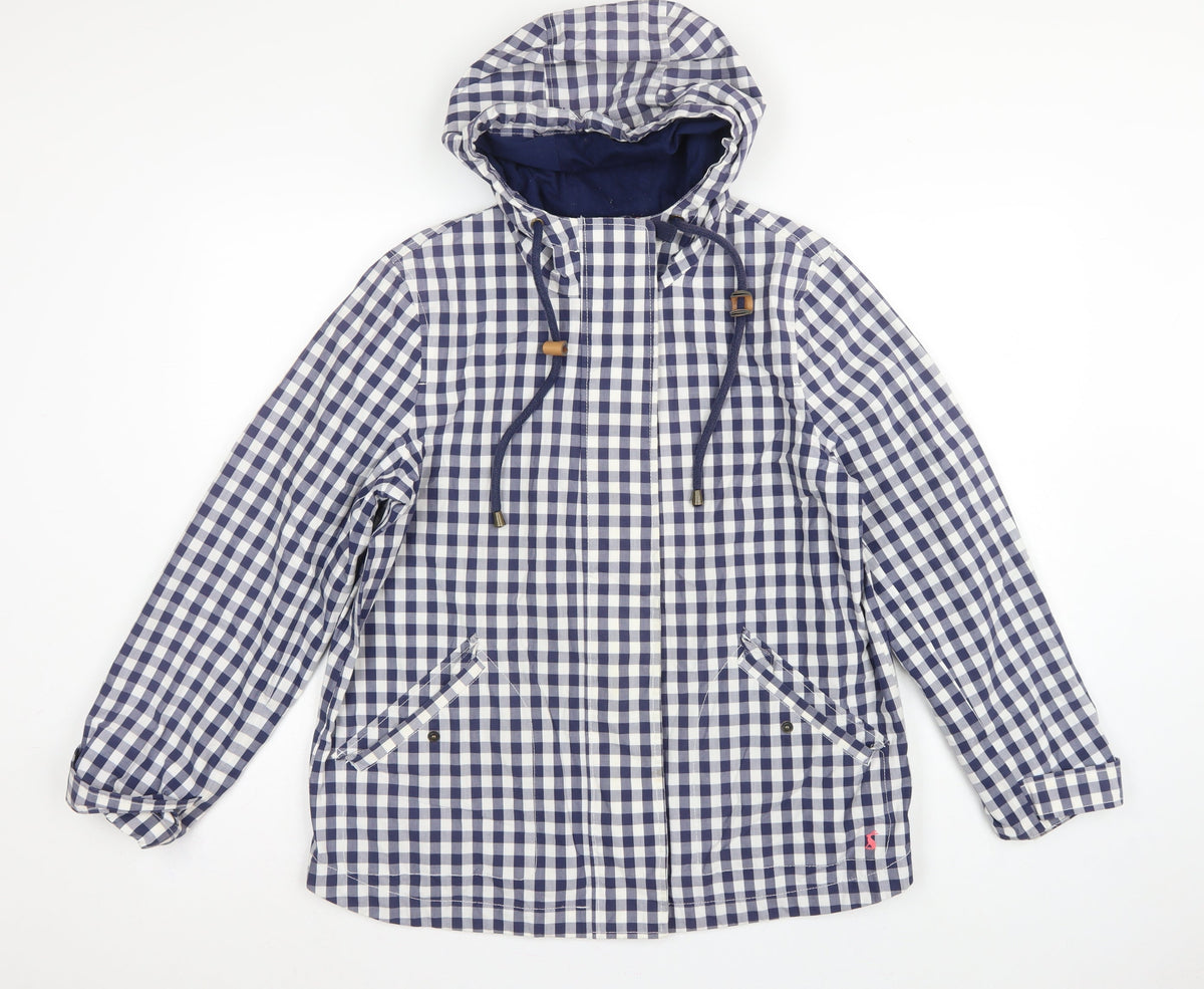Joules Women Blue Check Waterproof Hooded Rain Coat Jacket UK 14