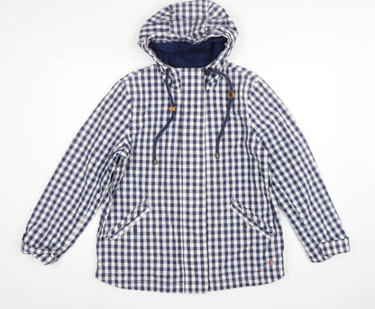 Joules Women Blue Check Waterproof Hooded Rain Coat Jacket UK 14