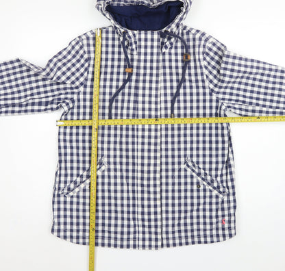 Joules Women Blue Check Waterproof Hooded Rain Coat Jacket UK 14