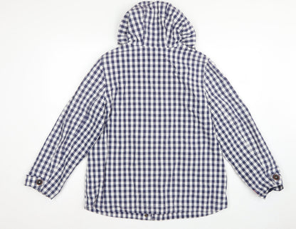 Joules Women Blue Check Waterproof Hooded Rain Coat Jacket UK 14