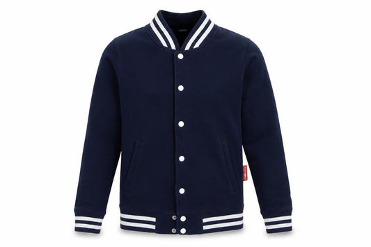 Front view of Just Hoods unisex adults blue xs varsity snap cardigan sweatshirt