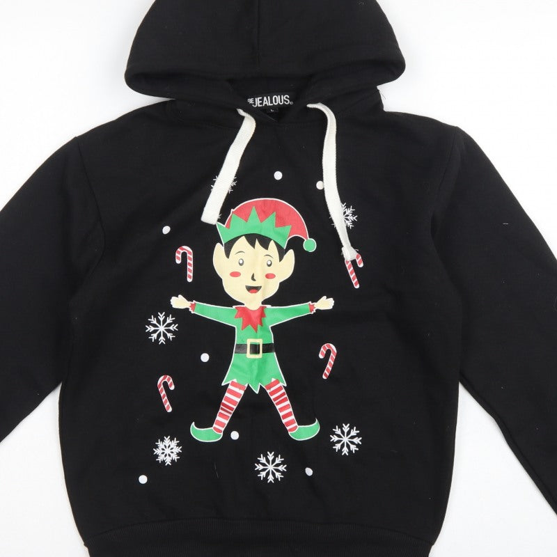 Be Jealous Girls Black L Pullover Christmas Elf Graphic Hoodie