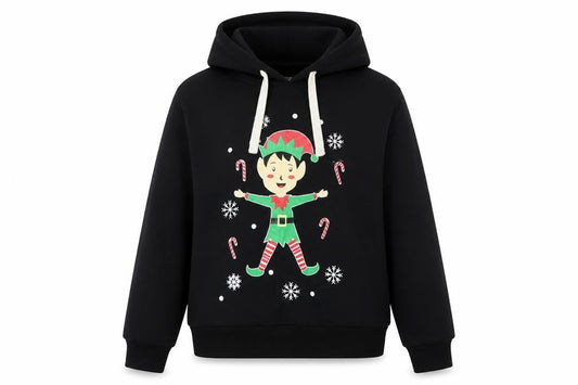 Front view of Be Jealous girls’ black l pullover christmas elf graphic hoodie