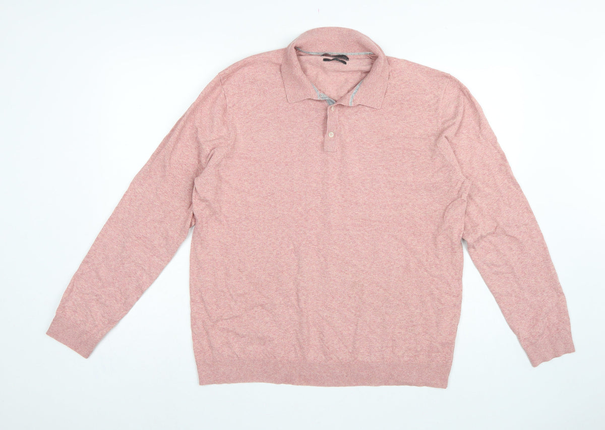 Marks and Spencer Men's Pink L Cotton Rich Collared Henley Jumper