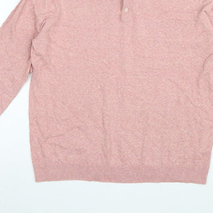 Marks and Spencer Men's Pink L Cotton Rich Collared Henley Jumper