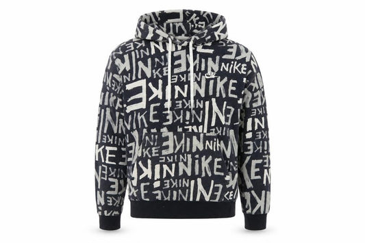 Front view of Nike Teens Black Grey Graphic Print Pullover Hoodie M