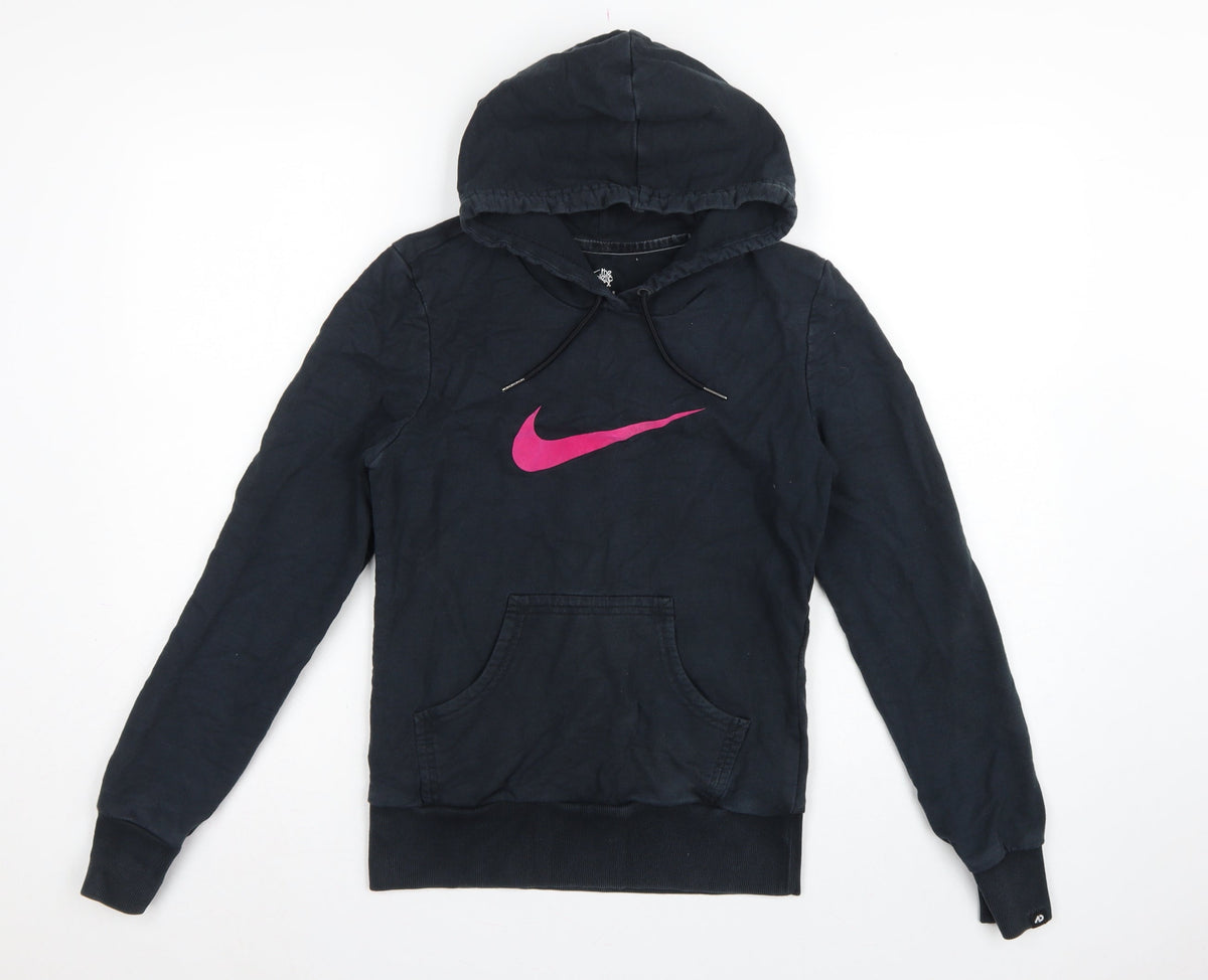 Nike Women's Black Pink Logo Pullover Hoodie UK 12 M Hooded