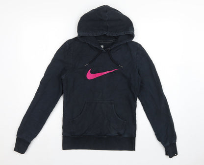 Nike Women's Black Pink Logo Pullover Hoodie UK 12 M Hooded