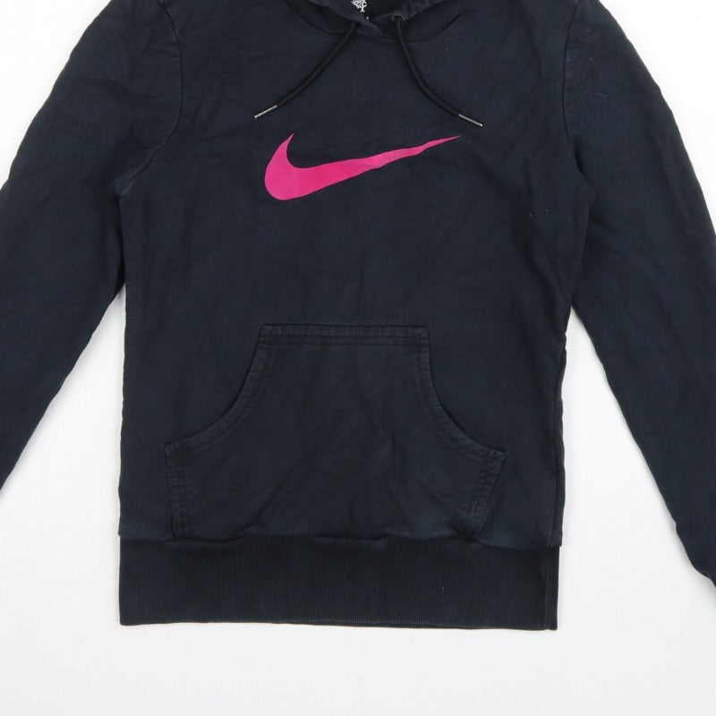 Nike Women's Black Pink Logo Pullover Hoodie UK 12 M Hooded