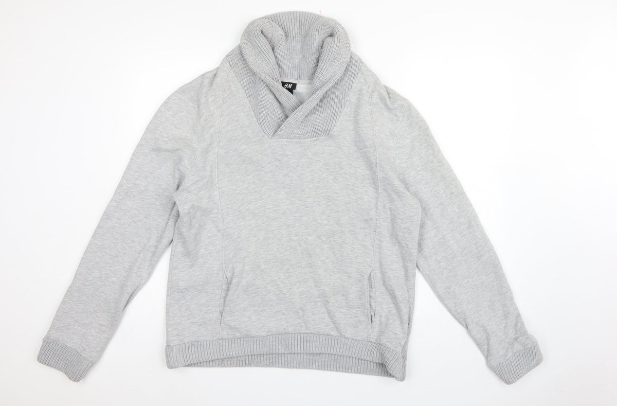 H&M Men’s Grey L Pullover High Neck Sweatshirt Cotton Blend Pockets
