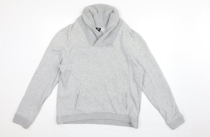 H&M Men’s Grey L Pullover High Neck Sweatshirt Cotton Blend Pockets