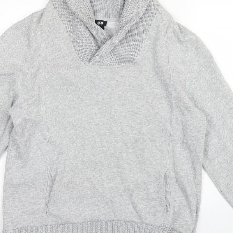 H&M Men’s Grey L Pullover High Neck Sweatshirt Cotton Blend Pockets