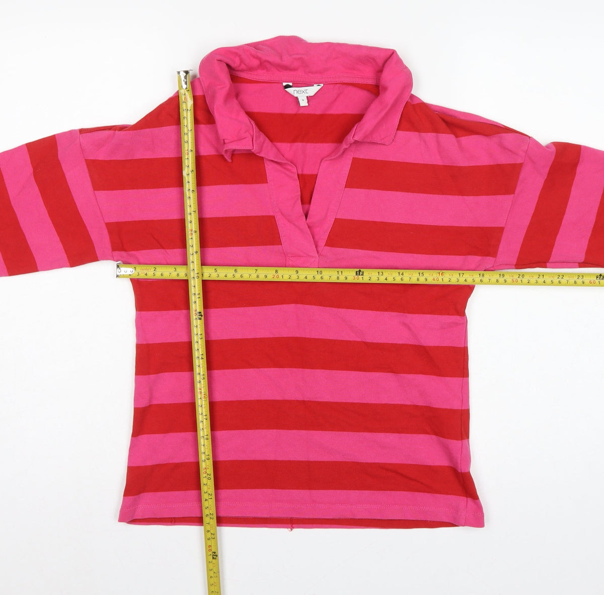 Next Women Pink Red Striped Long Sleeve Polo Top Size S