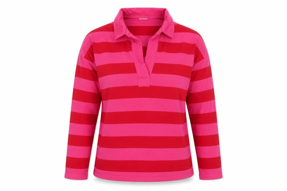 Next Women Pink Red Striped Long Sleeve Polo Top Size S
