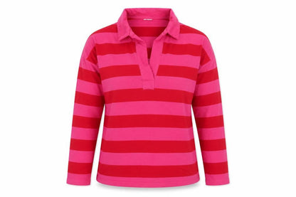 Next Women Pink Red Striped Long Sleeve Polo Top Size S