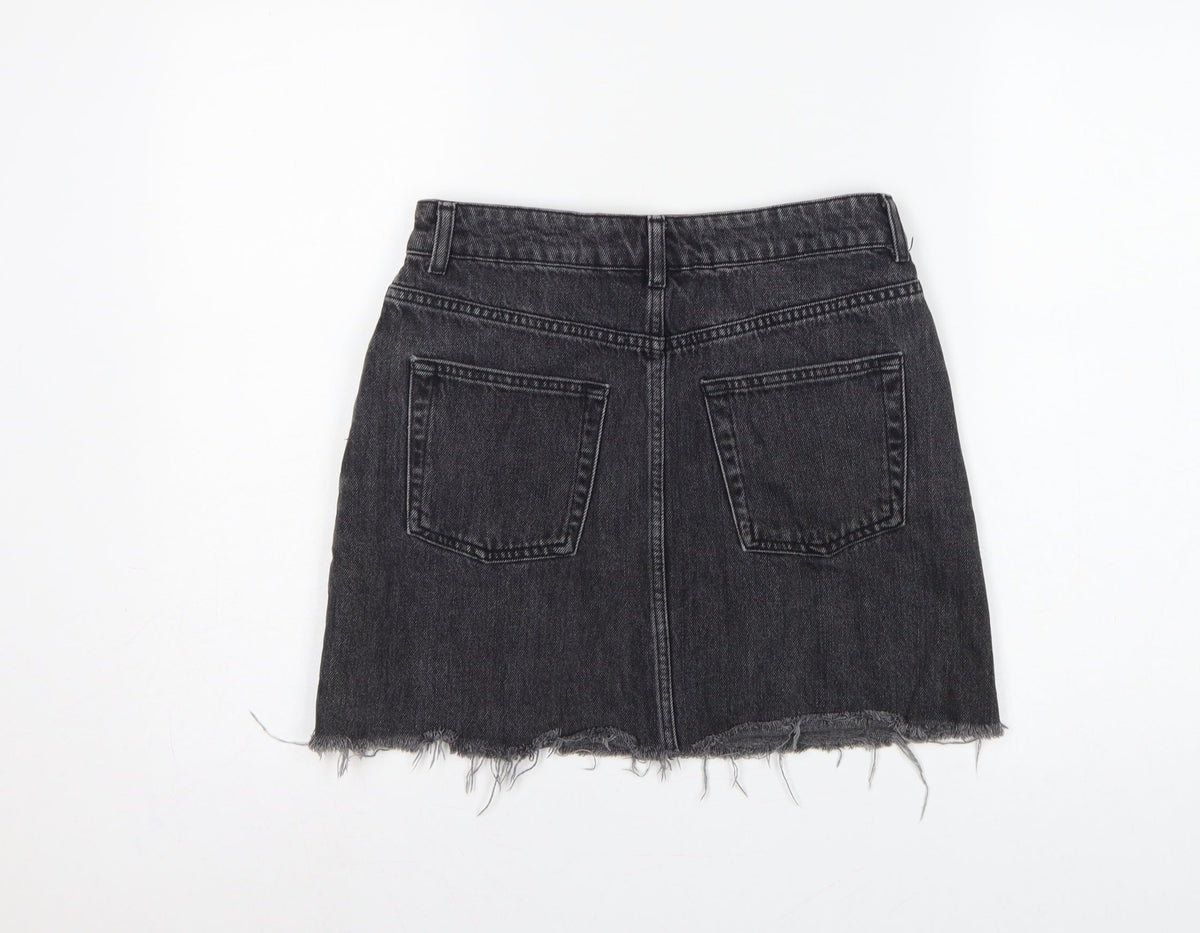 Topshop MOTO Women Black UK 10 Mini A-Line Denim Skirt Raw Hem