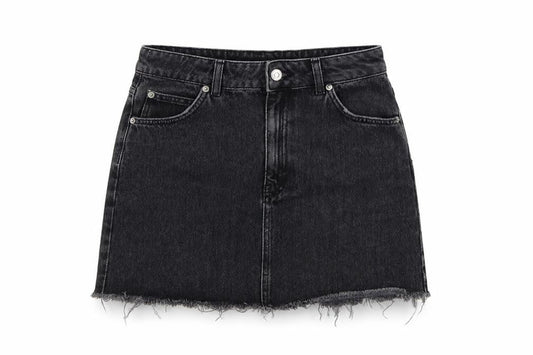 Topshop MOTO Women Black UK 10 Mini A-Line Denim Skirt Raw Hem