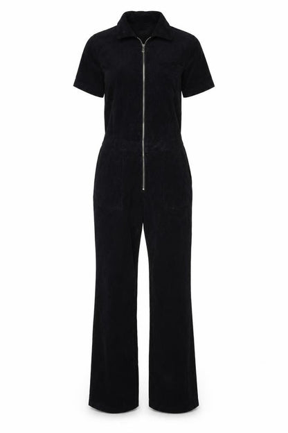 Mango Women Black UK 14 Cotton Corduroy Zip Front Jumpsuit