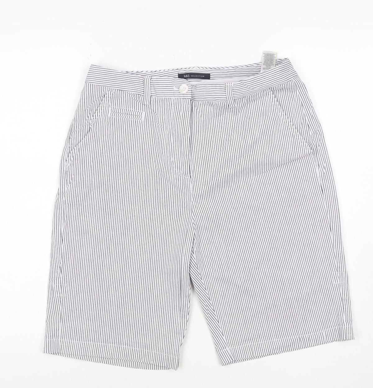 M&S Women’s White Navy Pinstripe Cotton Stretch Bermuda Shorts UK 12