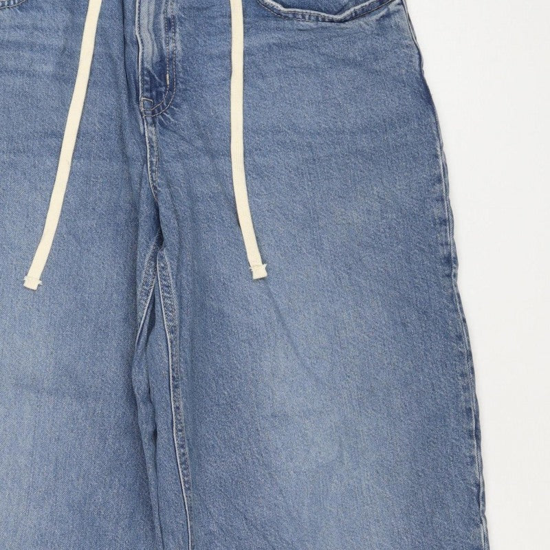 M&S Women’s Blue Wide Leg Drawstring Denim Jeans UK 14 Short