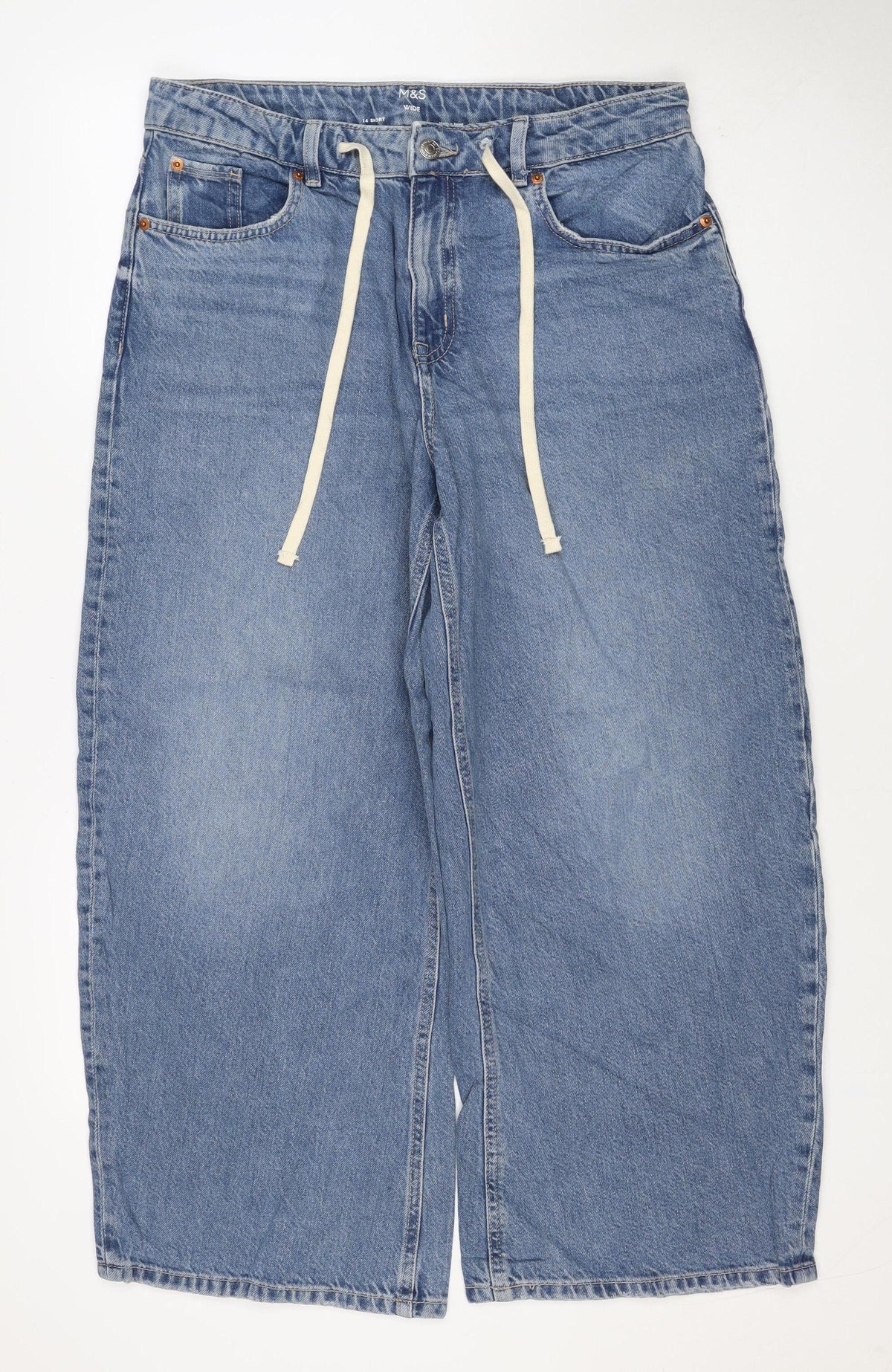 M&S Women’s Blue Wide Leg Drawstring Denim Jeans UK 14 Short