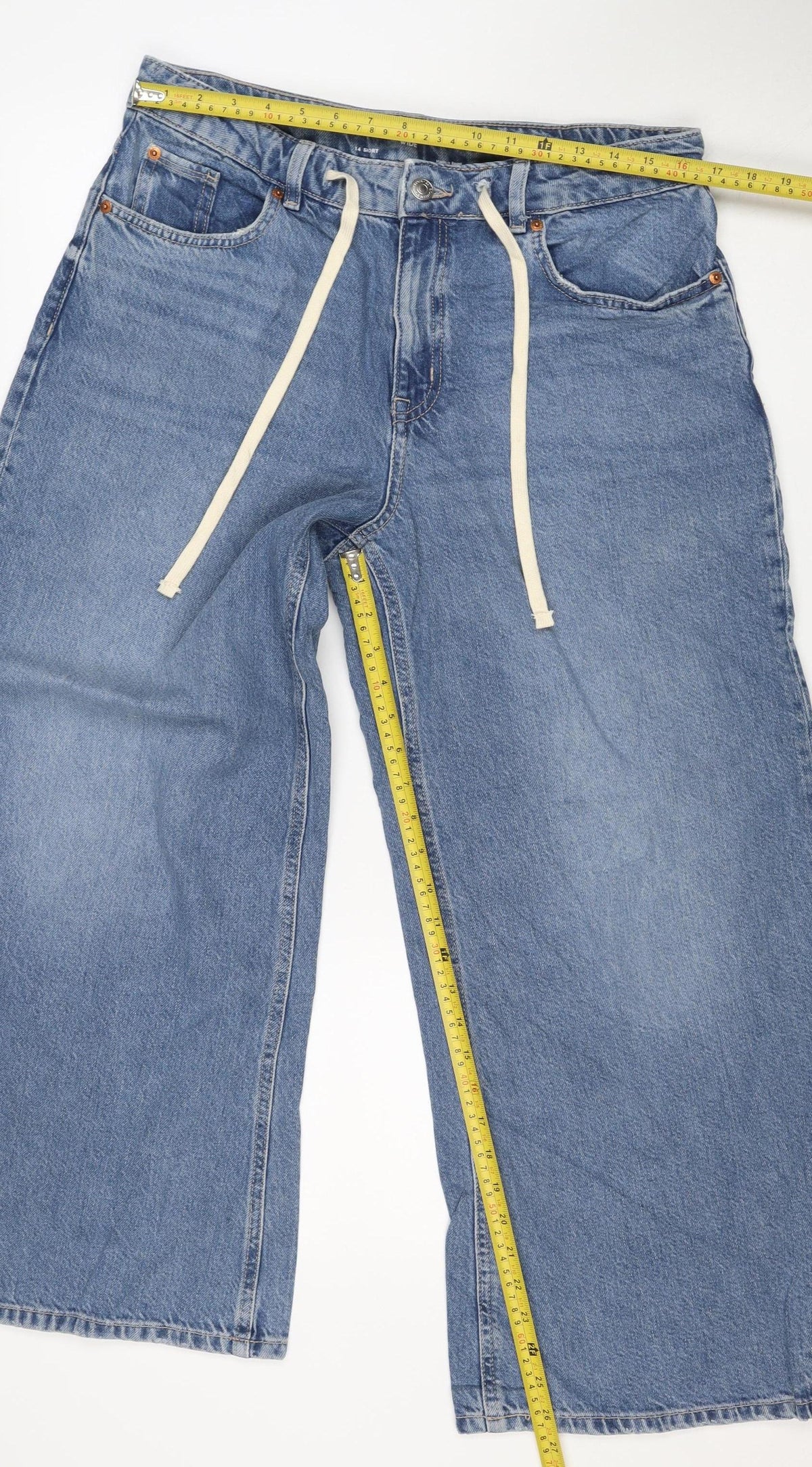 M&S Women’s Blue Wide Leg Drawstring Denim Jeans UK 14 Short