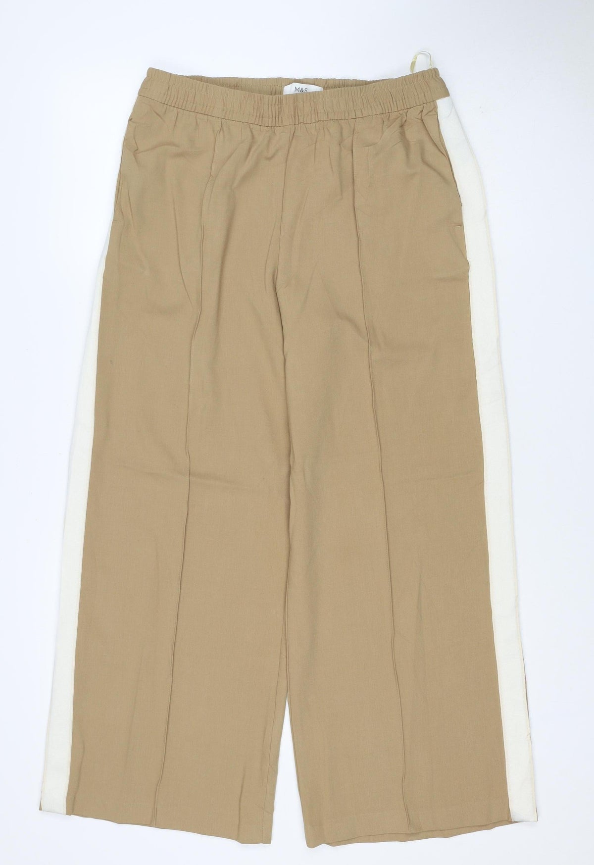 Marks and Spencer Women Beige Size 12 Short Wide Leg Drawstring Trousers