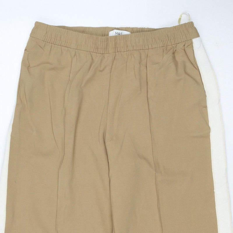 Marks and Spencer Women Beige Size 12 Short Wide Leg Drawstring Trousers