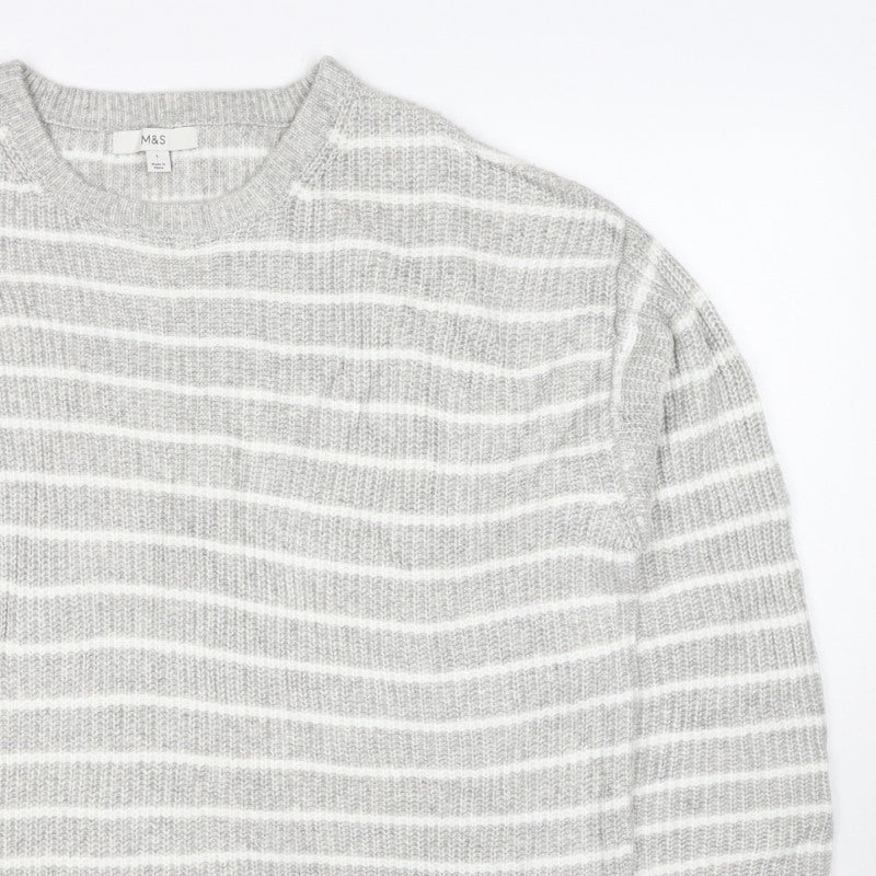 Marks & Spencer Women Grey White Striped Knit Pullover Jumper L