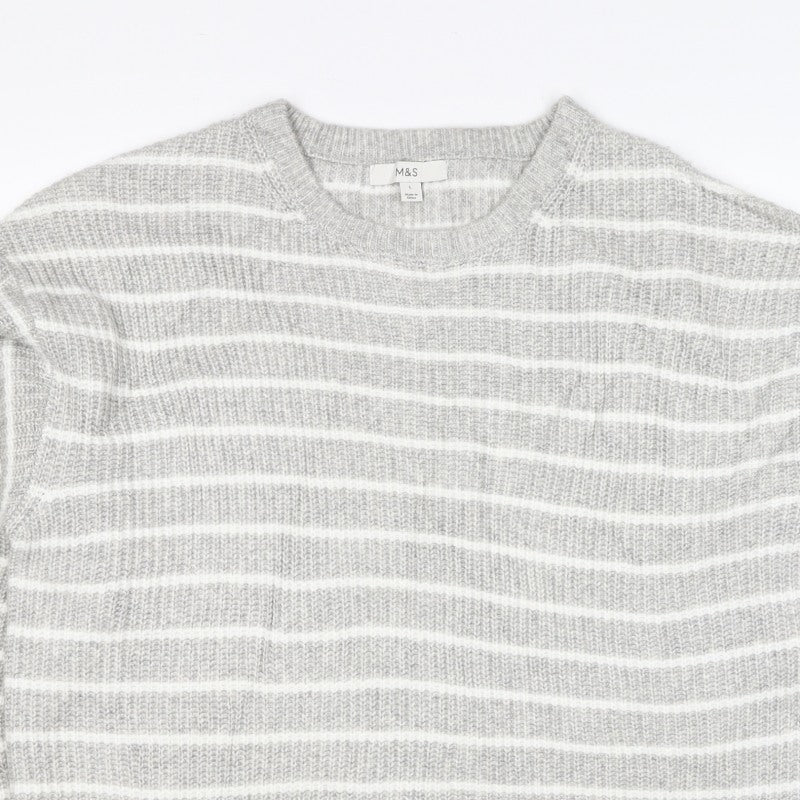 Marks & Spencer Women Grey White Striped Knit Pullover Jumper L