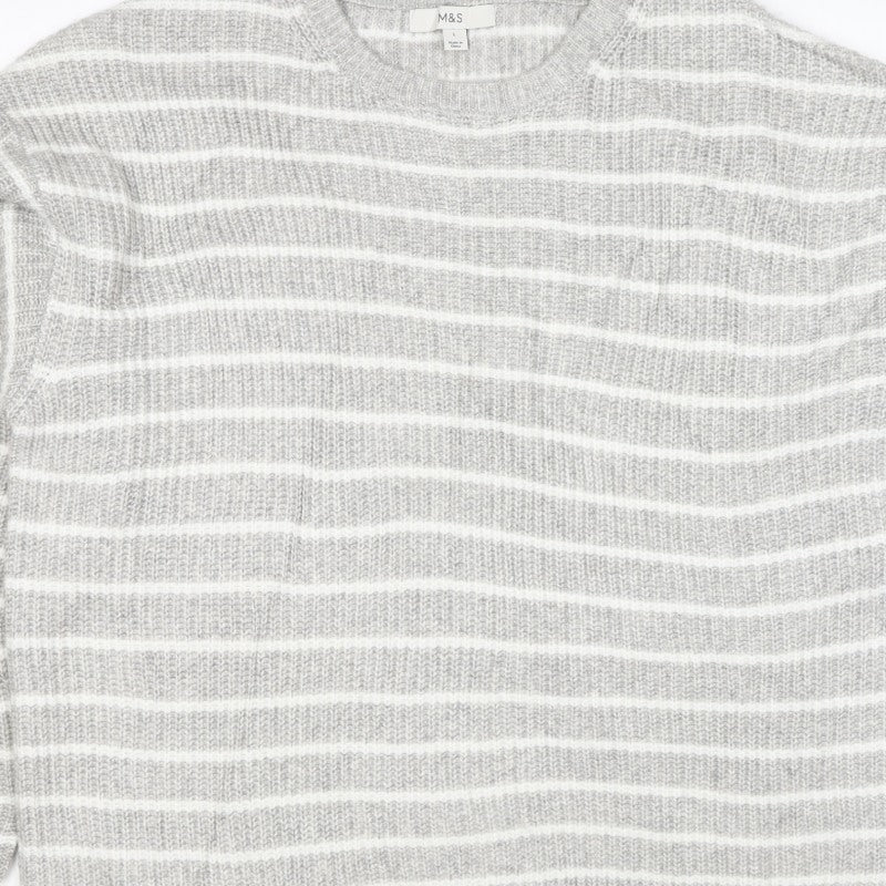 Marks & Spencer Women Grey White Striped Knit Pullover Jumper L