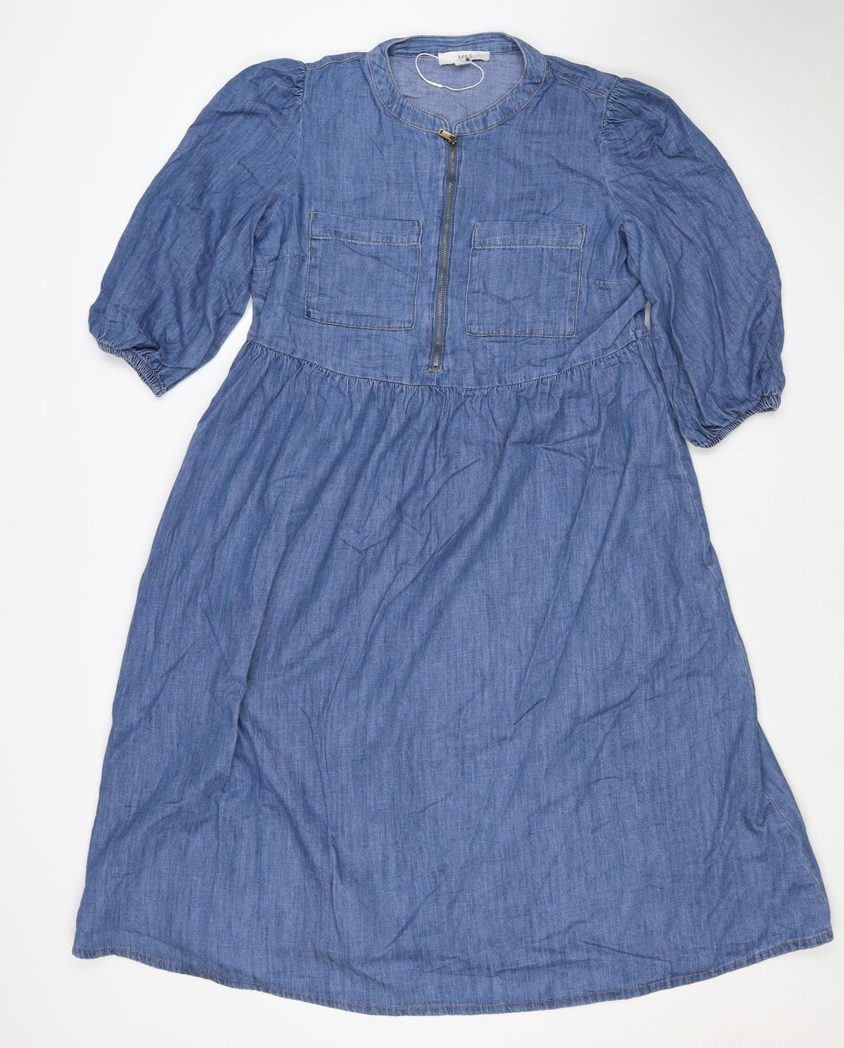 Marks and Spencer Women Blue Size 12 Chambray Fit & Flare Midi Dress