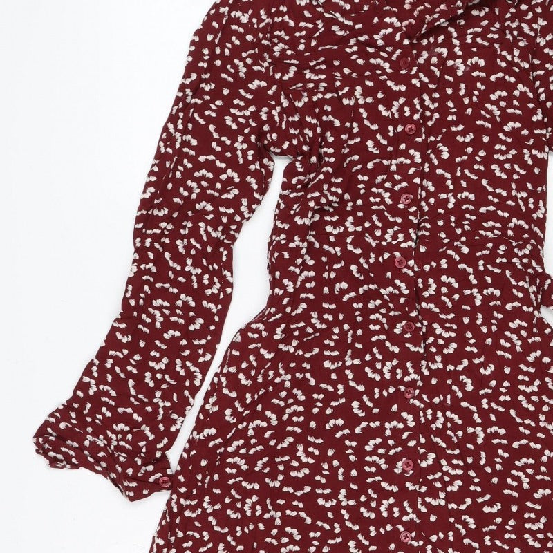 M&S Womens Red Floral Viscose Shirt Dress UK 8 Long Sleeve