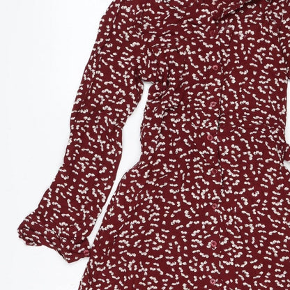 M&S Womens Red Floral Viscose Shirt Dress UK 8 Long Sleeve