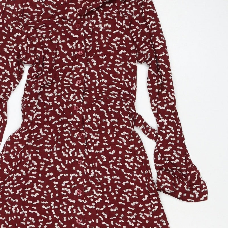 M&S Womens Red Floral Viscose Shirt Dress UK 8 Long Sleeve