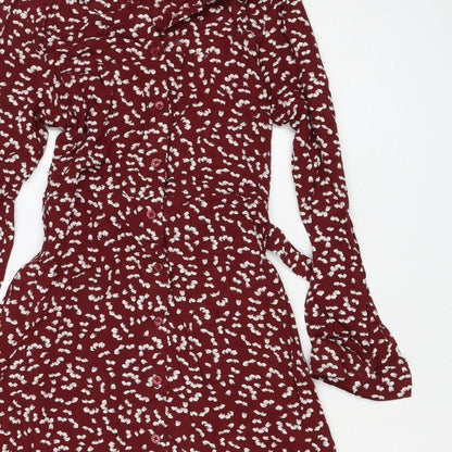 M&S Womens Red Floral Viscose Shirt Dress UK 8 Long Sleeve