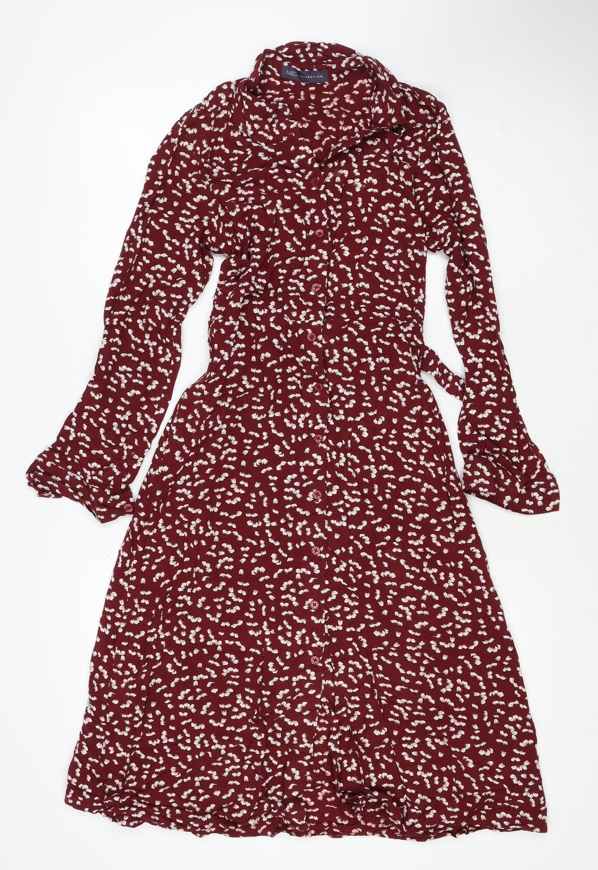 M&S Womens Red Floral Viscose Shirt Dress UK 8 Long Sleeve