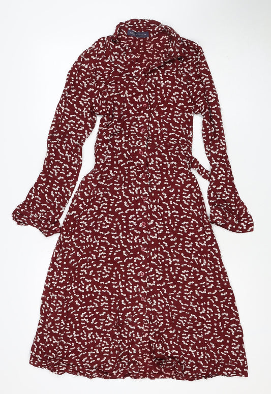 M&S Womens Red Floral Viscose Shirt Dress UK 8 Long Sleeve